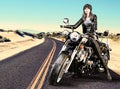Attractive Biker Girl Sits On Her Motorcycle In The Desert Royalty Free Stock Photo