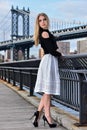 Attractive blond fashion model posing pretty on the pier with Manhattan Bridge on the background. Royalty Free Stock Photo