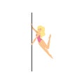 Attractive blond in pink gymnastic swimsuit flying on hands around pole