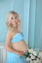 Attractive blond pregnant woman touching her belly with hands, p Royalty Free Stock Photo