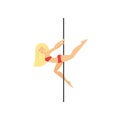 Attractive blond in red bikini making trick around pole