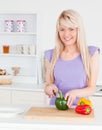Attractive blonde female cutting vegetables Royalty Free Stock Photo