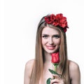 Attractive blonde girl with red rose . isolated on white Royalty Free Stock Photo