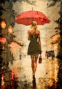 Attractive blonde girl in short black dress walking in rain with a red umbrella