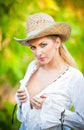 Attractive blonde girl with straw hat and white blouse Royalty Free Stock Photo