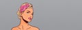 Attractive Blonde Woman Looking Up Portrait Of Beautiful Girl On Pinup Retro Horizontal Banner With Copy Space