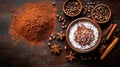 An attractive bowl of brown powder with cinnamon and coconut shells Royalty Free Stock Photo