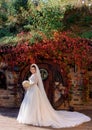 Attractive bride is standing in front of wooden entrance of a stone building with colorful leaves of ivy on the sunny day Royalty Free Stock Photo