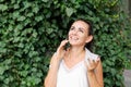 Attractive brunette businesswoman talking on mobile phone. Caucasian business Royalty Free Stock Photo