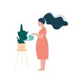 Attractive Brunette Pregnant Woman Watering Houseplant, Happy Pregnancy, Maternal Health Care Vector Illustration