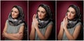 Attractive brunette woman in gray blouse and headscarf posing dramatic on purple background. Female art portrait, studio shot Royalty Free Stock Photo