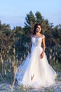 Attractive brunette woman with makeup and hairstyle wearing white wedding dress while posing at glade. standing and looking away Royalty Free Stock Photo