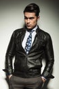 Attractive business man in leather jacket Royalty Free Stock Photo