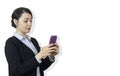 Attractive business woman in black suit uses smart phone. Business lifestyle and success concept. Lunch break among working day Royalty Free Stock Photo