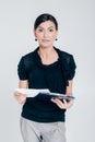 Attractive business woman on gray background Royalty Free Stock Photo