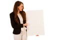 Attractive business woman holding white banner with copy spave f