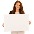 Attractive business woman holding white banner with copy spave f