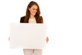 Attractive business woman holding white banner with copy spave f