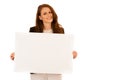 Attractive business woman holding white banner with copy spave f