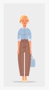 Attractive businesswoman holding handbag female cartoon character standing pose full length vertical