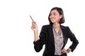 Attractive businesswoman presentation gestures, on whit Royalty Free Stock Photo