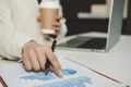 Attractive businesswoman in white suit drinking coffee and working calculate about finance with, document report and laptop Royalty Free Stock Photo