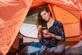 Attractive camper girl with plate and spoon Royalty Free Stock Photo