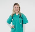 Attractive caucasian woman doctor or nurse with stethoscope isolated over white background Royalty Free Stock Photo