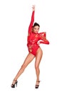 Attractive club dancer in red costume isolated