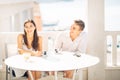 Attractive couple having first date.Blind date.Coffee with a friend.Smiling happy people having a coffee,dating Royalty Free Stock Photo