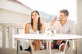 Attractive couple having first date.Blind date.Coffee with a friend.Smiling happy people having a coffee,dating Royalty Free Stock Photo