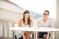 Attractive couple having first date.Blind date.Coffee with a friend.Smiling happy people having a coffee,dating Royalty Free Stock Photo