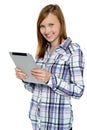 Attractive cute girl holding a tablet device