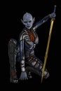 Attractive 3D Alien Woman Kneeling with A Sword