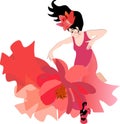Attractive dancer in a red dress with a hem in the form of a cosmos flower and a lily flower as a crown, dancing flamenco