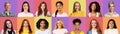 Attractive diverse ladies smiling on colorful backgrounds