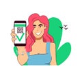 Modern smiling young woman with pink hair demonstrates phone with qr-code. Concept for confirmation of vaccination