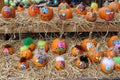 Attractive Fall scene with tiny pumpkins with painted faces at Sunnyside Gardens, Saratoga, New York,2018