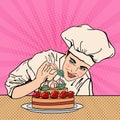 Attractive Female Chef Decorating Delicious Cake with Strawberries. Pop Art