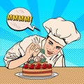 Attractive Female Chef Decorating Delicious Cake with Strawberries. Pop Art