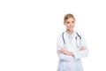 attractive female doctor in white coat with stethoscope and crossed arms, Royalty Free Stock Photo