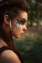 Attractive female hunter with tribal makeup