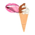 Attractive female mouth with saliva licks ice cream.