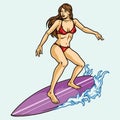 Attractive female surfer standing on surfboard