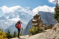 Attractive female trekker in front of the mountains.