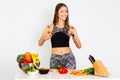 Attractive fitness woman, trained female Fit power athletic confident young woman bodybuilder doing exercises , Organic Food. Royalty Free Stock Photo