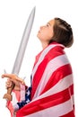 Attractive girl with american flag and swo
