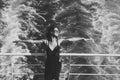 Attractive girl feels free and enjoy summer vacation. Freedom concept. lady stands on deck of cruise liner with sea Royalty Free Stock Photo