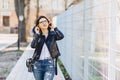 attractive girl funny listening music in headphones Royalty Free Stock Photo