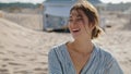 Attractive girl laughing beach at shore houses closeup. Happy beautiful woman Royalty Free Stock Photo